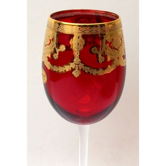 New Ornate Ruby Red Wine Glass W/ Real Gold Trim Decor Tall Goblets Italy - Picture 2 of 2